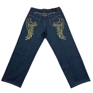Old Skool Y2K Grunge Angel Wings Cross Baggy Denim Mens Embroidered Jeans